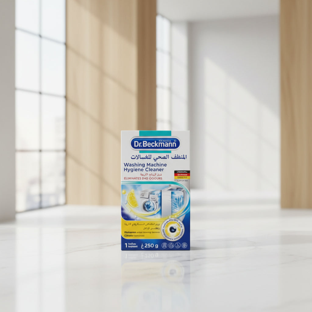 A box of Dr. Beckmann Washing Machine Hygiene Cleaner shown against a light gray background with a hand silhouette behind it and a vertical measurement marker reading 5.