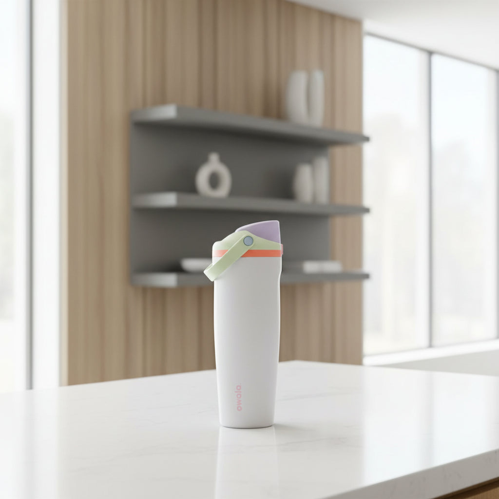 A Owala insulated water bottle with a light gray body, a pastel green carrying loop, a coral orange band, and a lavender lid, shown on a solid white background.