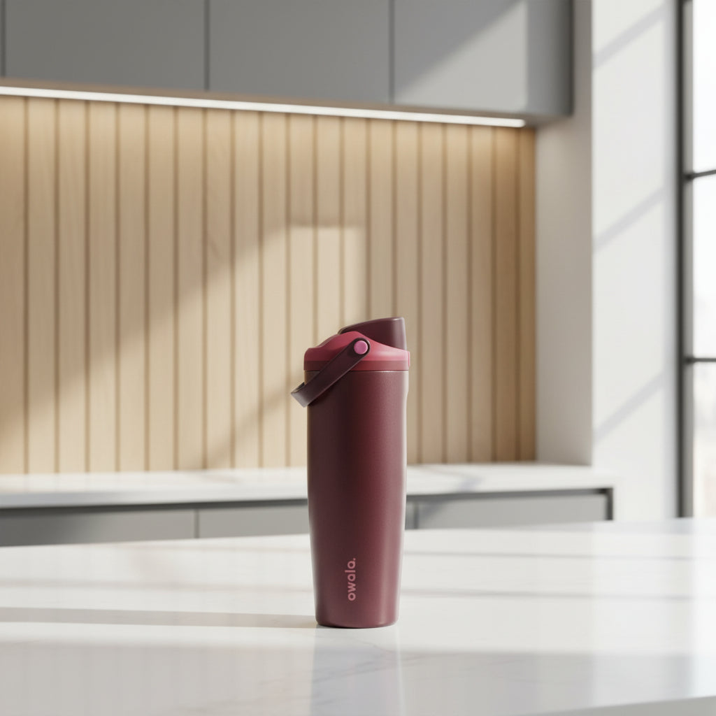 Brown water bottle with a pink cap on a white background