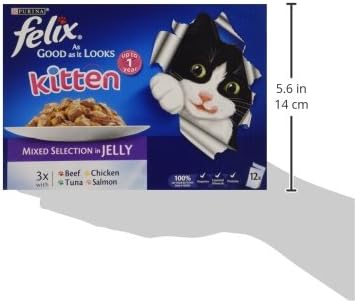 A package of Felix Kitten Mixed Selection Jelly cat food shown on a white background with a hand graphic and a height measurement of 5.6 in (14 cm) on the right side.