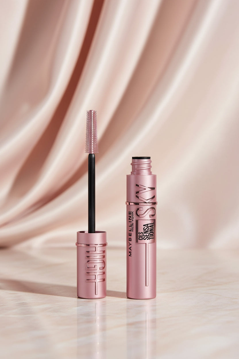 Maybelline Sensational Sky mascara with pink packaging on a white background
