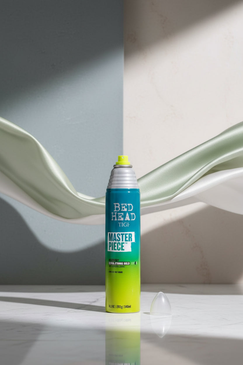 A can of Bed Head Tigi Master Piece Extra Strong Hold hairspray with a green and blue gradient design, shown with its clear cap off on a white background.