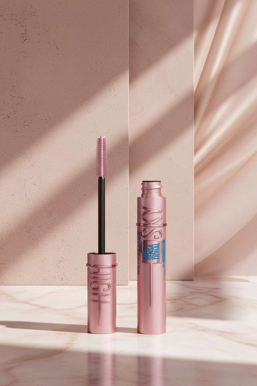 Pink mascara with brush and 'Sensational' text on a white background