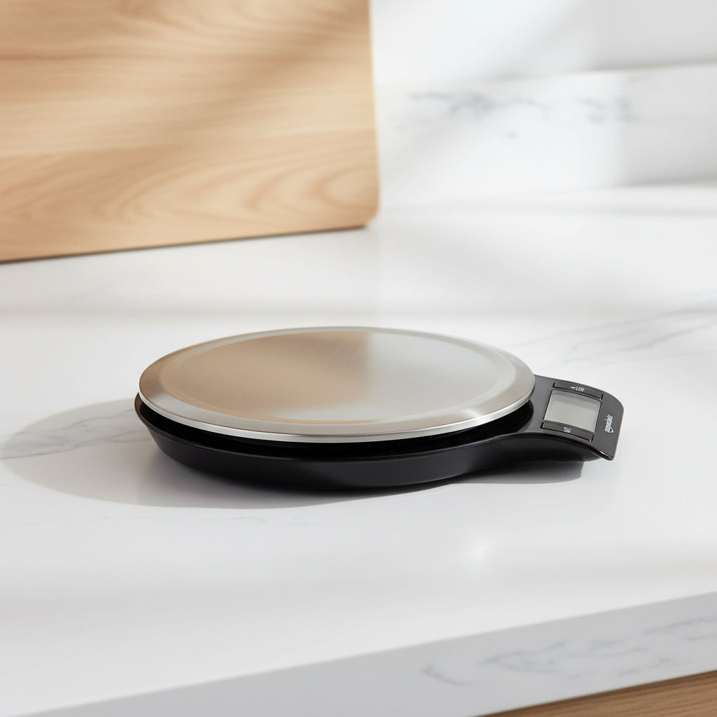 Digital kitchen scale with a clear lid on a white background