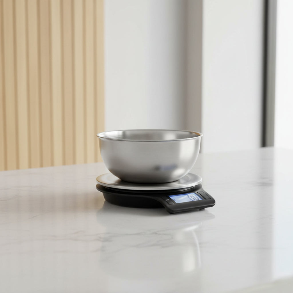 Digital kitchen scale with a clear platform and digital display on a white background