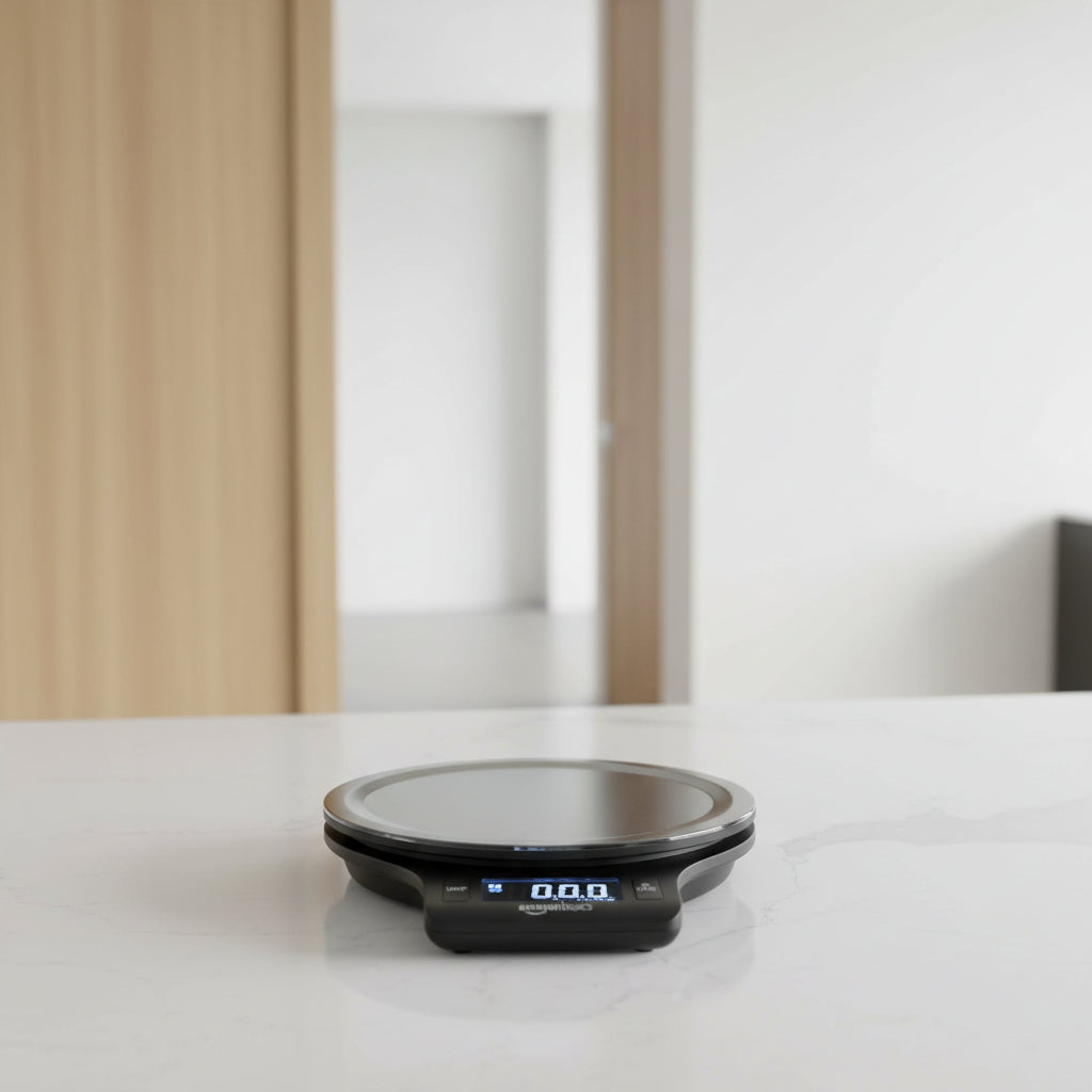 Digital kitchen scale with digital display and measurement functions labeled