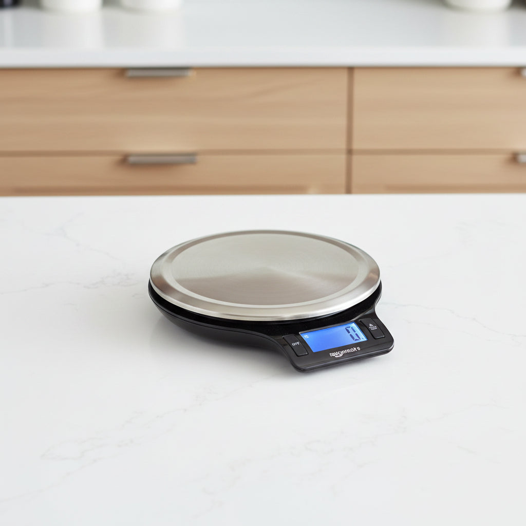 Digital kitchen scale with dimensions labeled on a white background