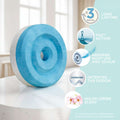 A blue and white circular absorbent pad shown on a pale yellow background with feature callouts including 'up to 3 months long lasting,' 'fast action,' 'absorbs moisture and odour,' 'patented tab design,' and 'wildflower scent.'.