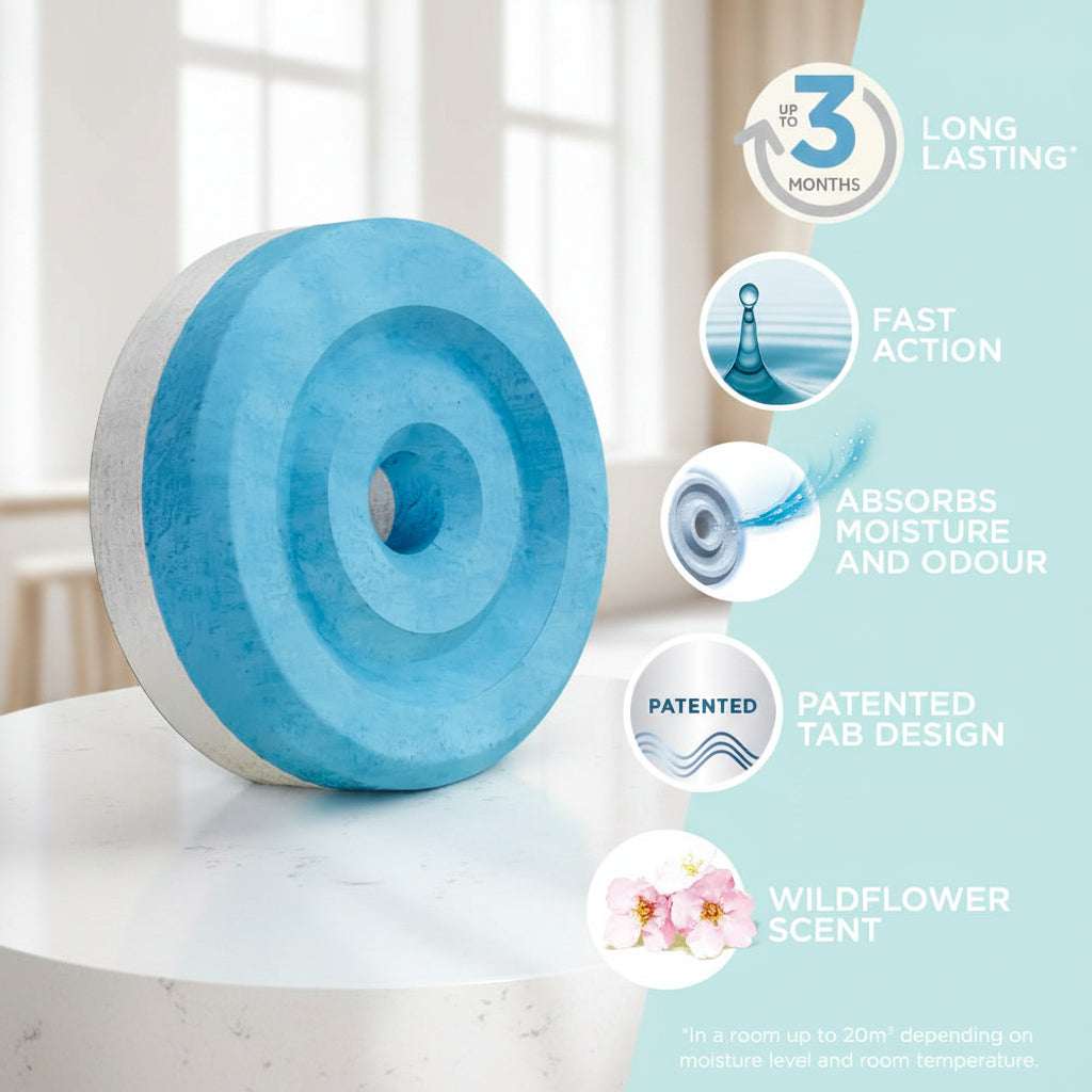 A blue and white circular absorbent pad shown on a pale yellow background with feature callouts including 'up to 3 months long lasting,' 'fast action,' 'absorbs moisture and odour,' 'patented tab design,' and 'wildflower scent.'.