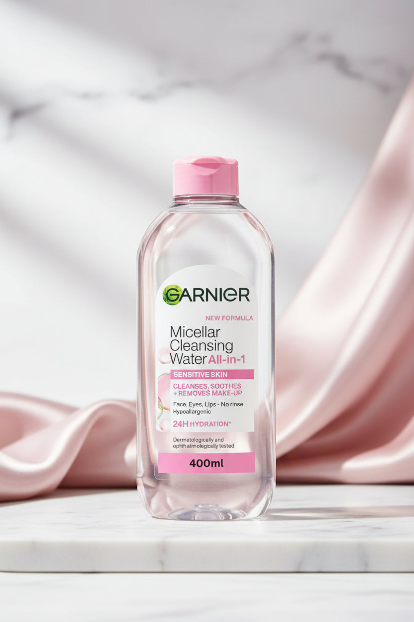 A 400ml bottle of Garnier Micellar Cleansing Water All-in-1 for sensitive skin, featuring a clear bottle with a pink flip-top cap and pink and green branding on the front label.
