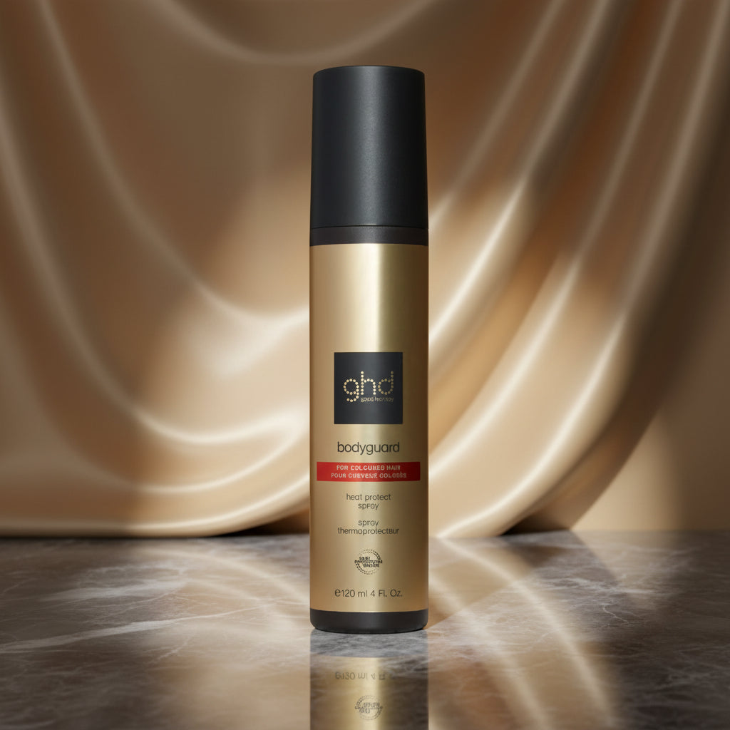 Ghd Bodyguard Heat Protect Spray in a 4 fl oz pump bottle. The bottle has a metallic gold body with a black cap and a black label featuring the 'ghd' logo.