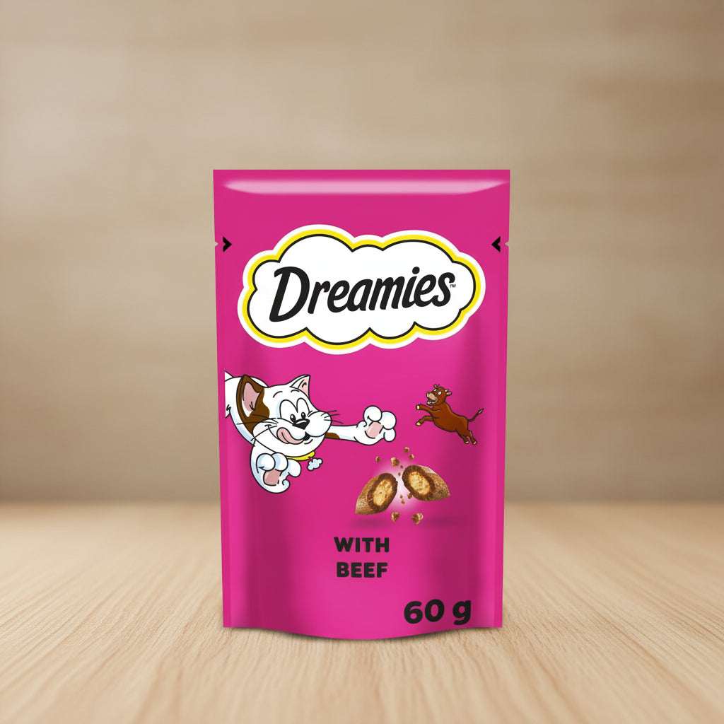Pink package of Dreamies cat treats with cartoon cat and mouse, and text 'Dreamies with beef'.