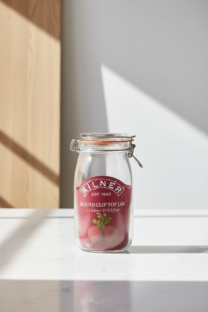 A Kilner round clip top jar made of clear glass with a dark red rubber seal and a metal wire clamp lid, featuring a printed red label with the Kilner brand name and a beet illustration.