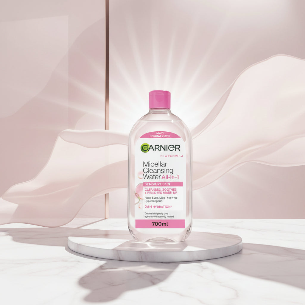 Garnier Micellar Cleansing Water All-in-1 in a 700ml clear bottle with a bright pink cap and pink label accents.