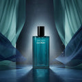Davidoff Cool Water eau de toilette bottle with lavender flowers and green leaves on a blue and white background
