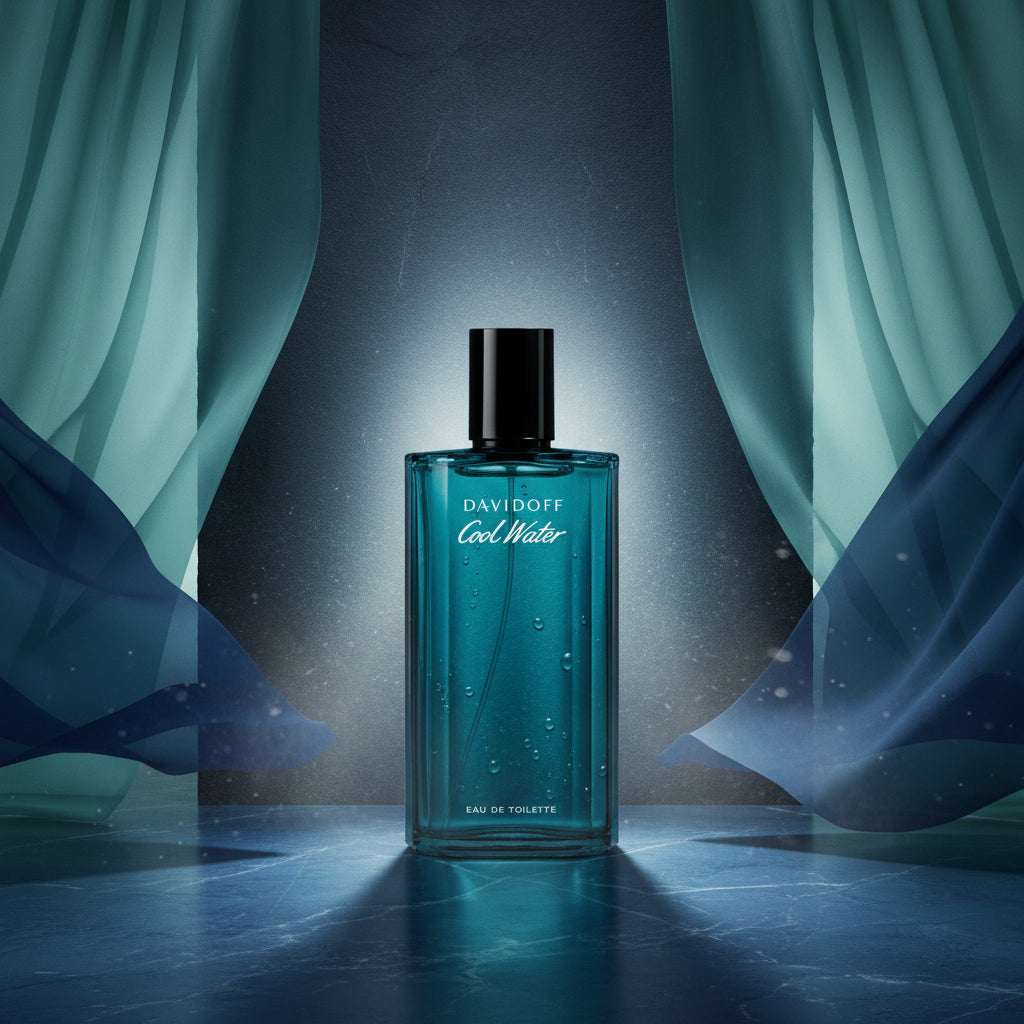 Davidoff Cool Water eau de toilette bottle with lavender flowers and green leaves on a blue and white background