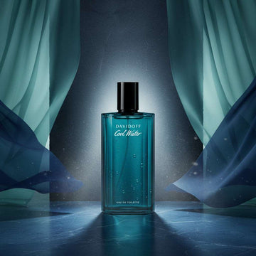 Davidoff Cool Water eau de toilette bottle with lavender flowers and green leaves on a blue and white background
