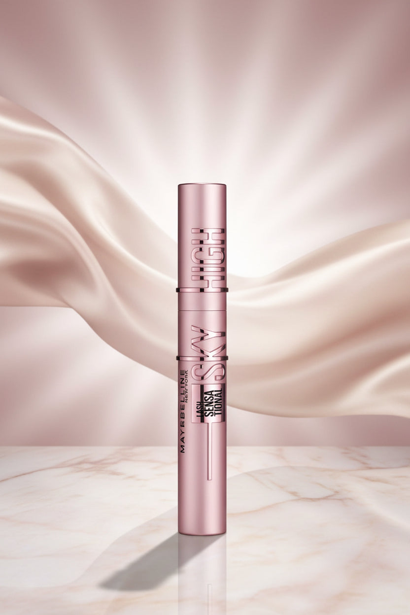 Maybelline eyelash serum with pink packaging on a white background