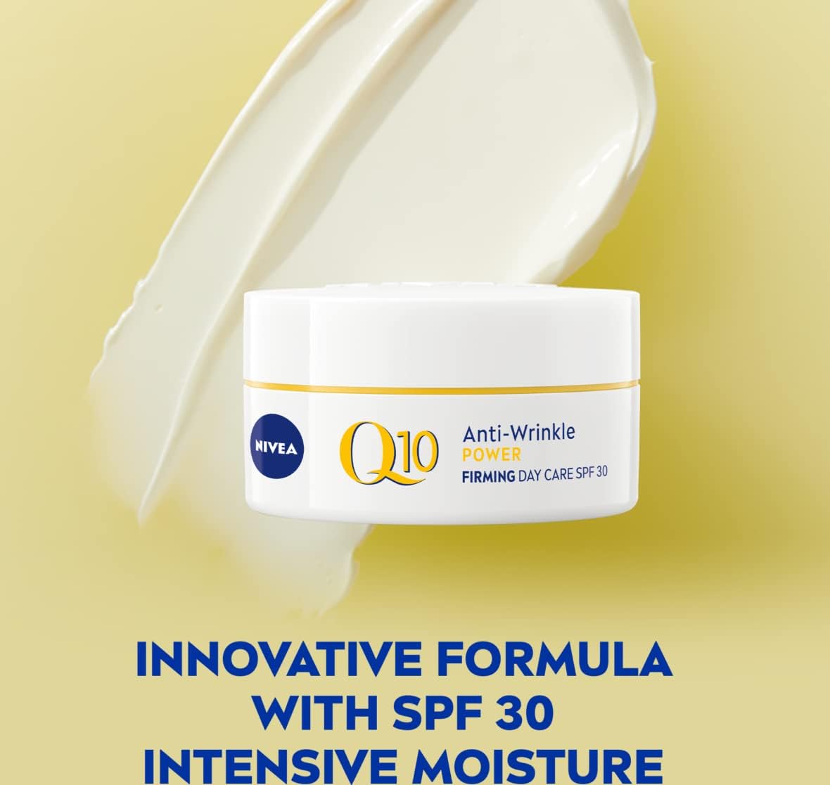 Nivea Q10 Anti-Wrinkle Day Care cream jar on a yellow background