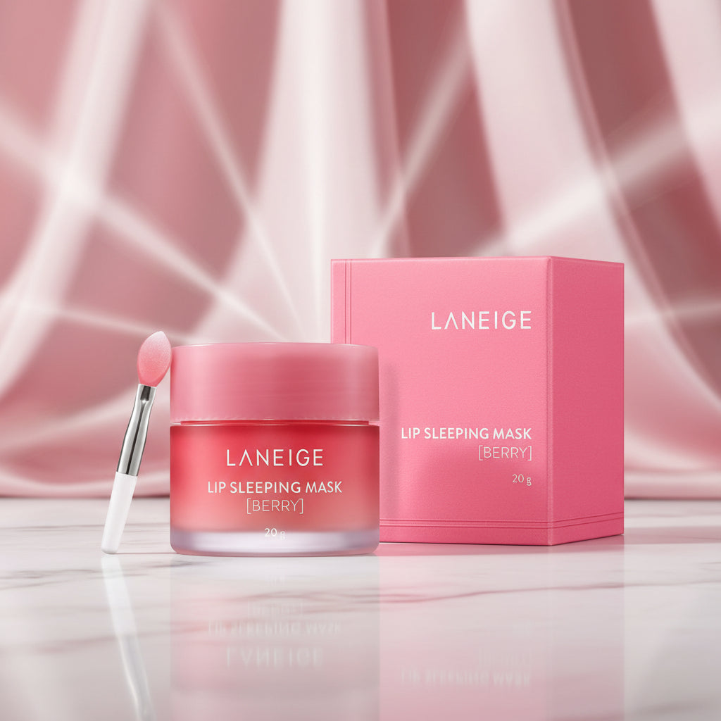 LANEIGE Lip Sleeping Mask [Berry] shown with a pink jar, a pink outer box, and a small applicator brush on a clean white background.