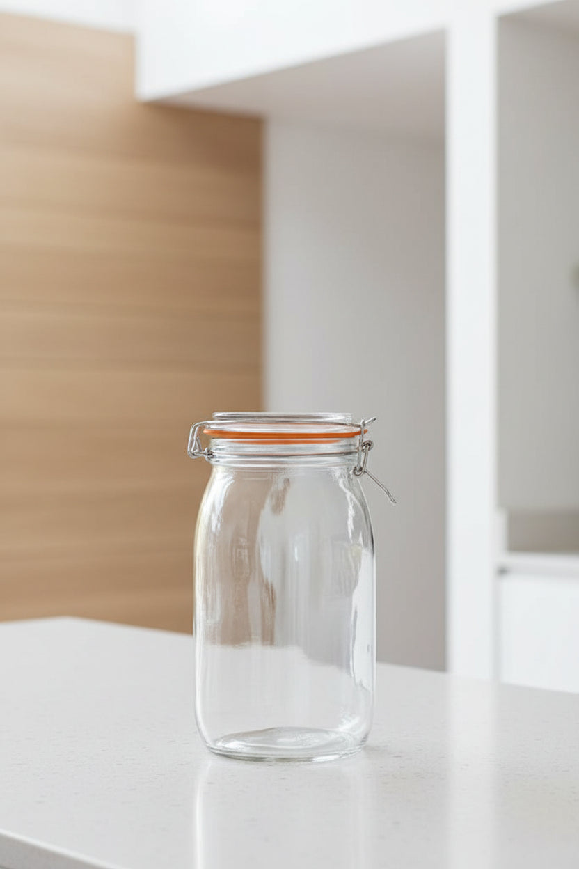 Kilner round clip-top jar in clear glass with a red rubber seal and a red front label featuring tomato illustrations and the Kilner brand name.