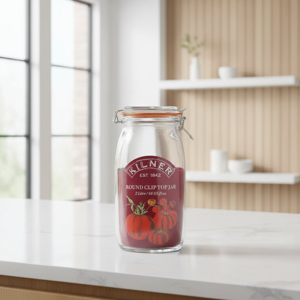 Kilner round clip-top jar in clear glass with a red rubber seal and a red front label featuring tomato illustrations and the Kilner brand name.
