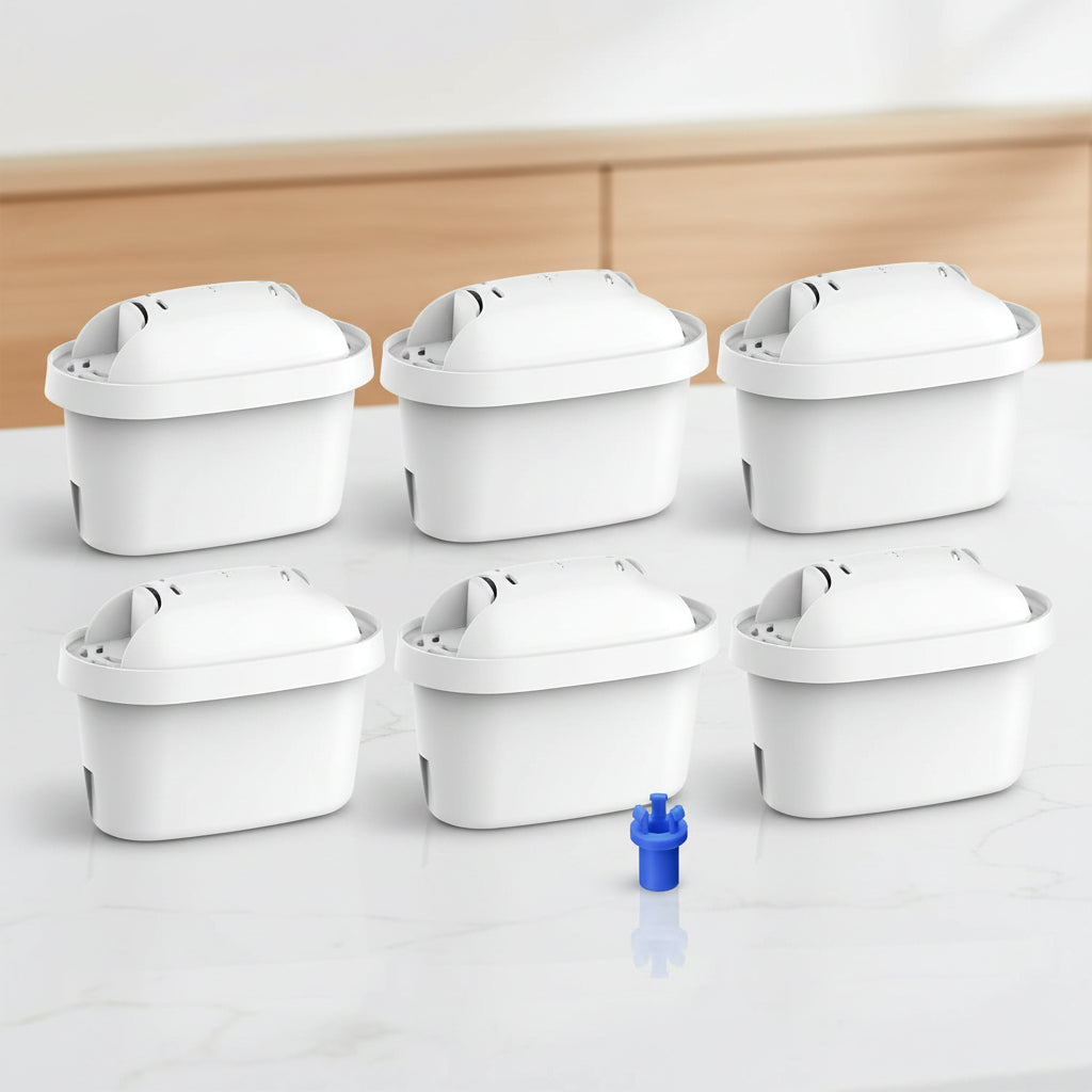 Six white rectangular replacement water filter cartridges arranged in two rows on a white background, with a small blue connector piece shown in the bottom-right corner.
