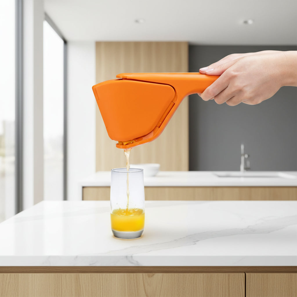 Orange manual juicer being used to extract juice into a glass on a white background