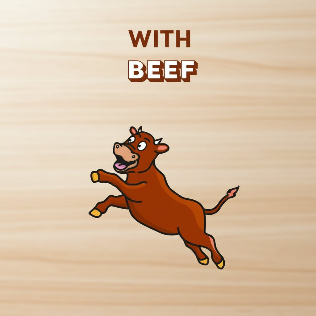 Cartoon cow on a yellow background with the text 'WITH BEEF'.