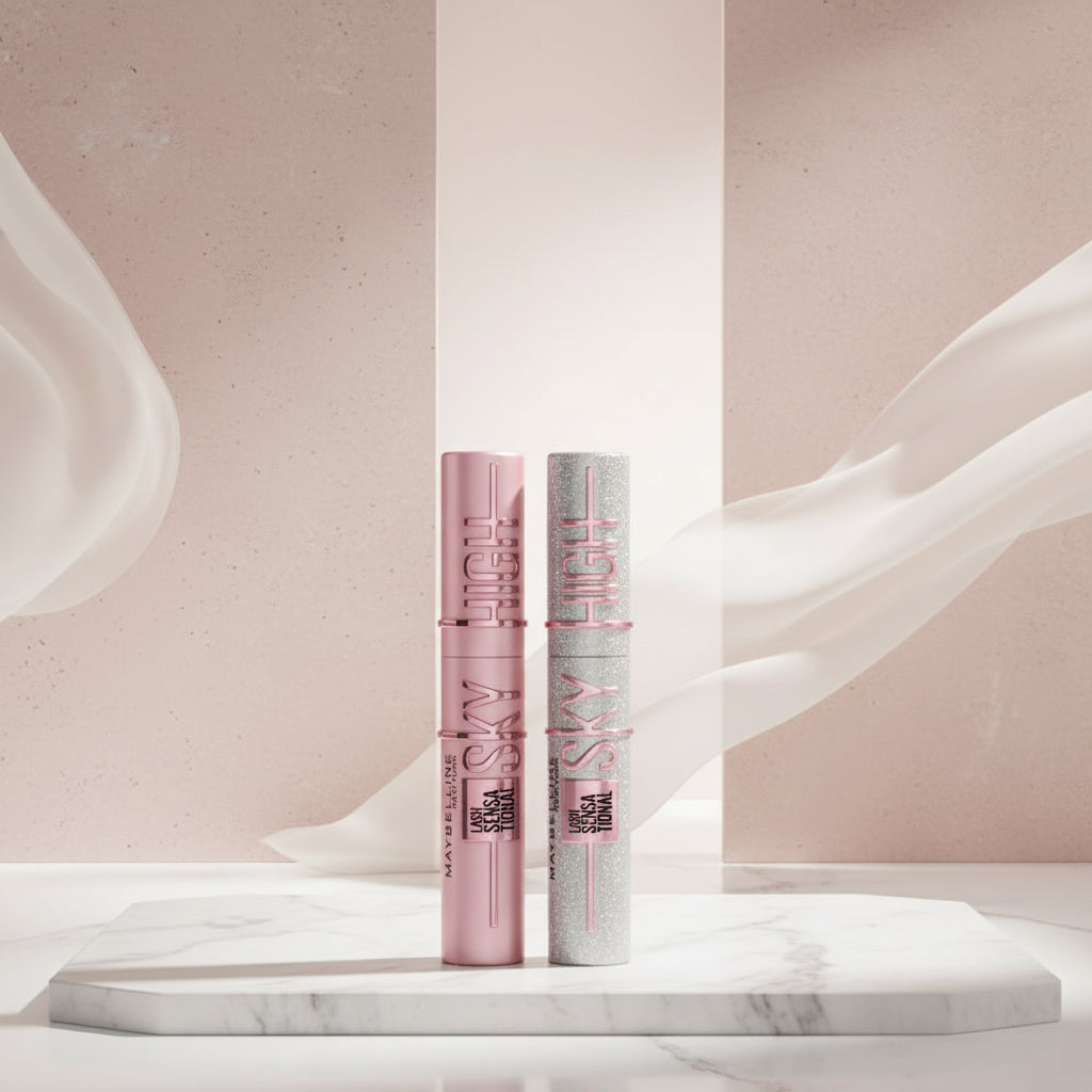 Two Maybelline Sky High mascara tubes, one pink and one silver, on a white background.