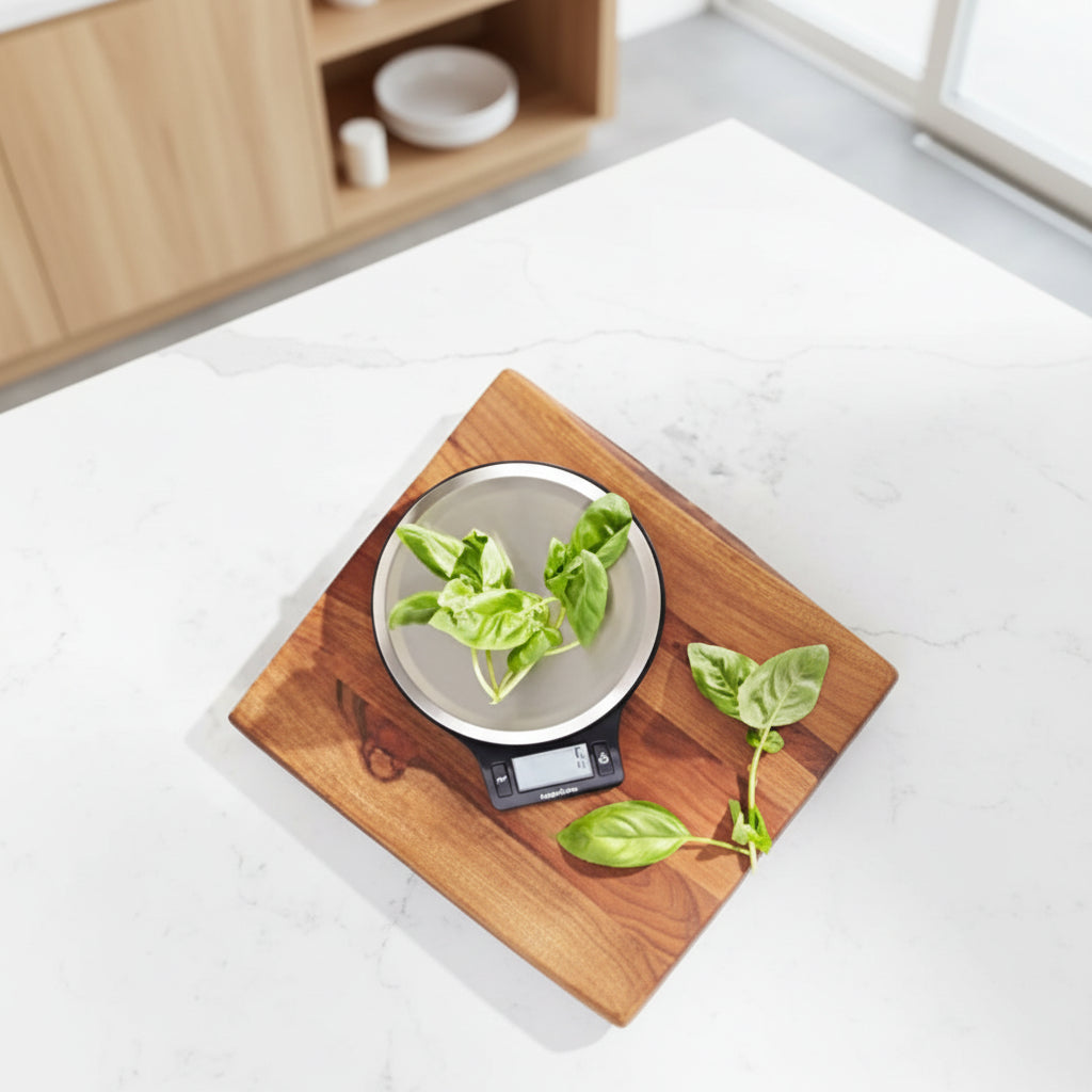 Green leafy vegetables on a digital kitchen scale with a wooden cutting board.