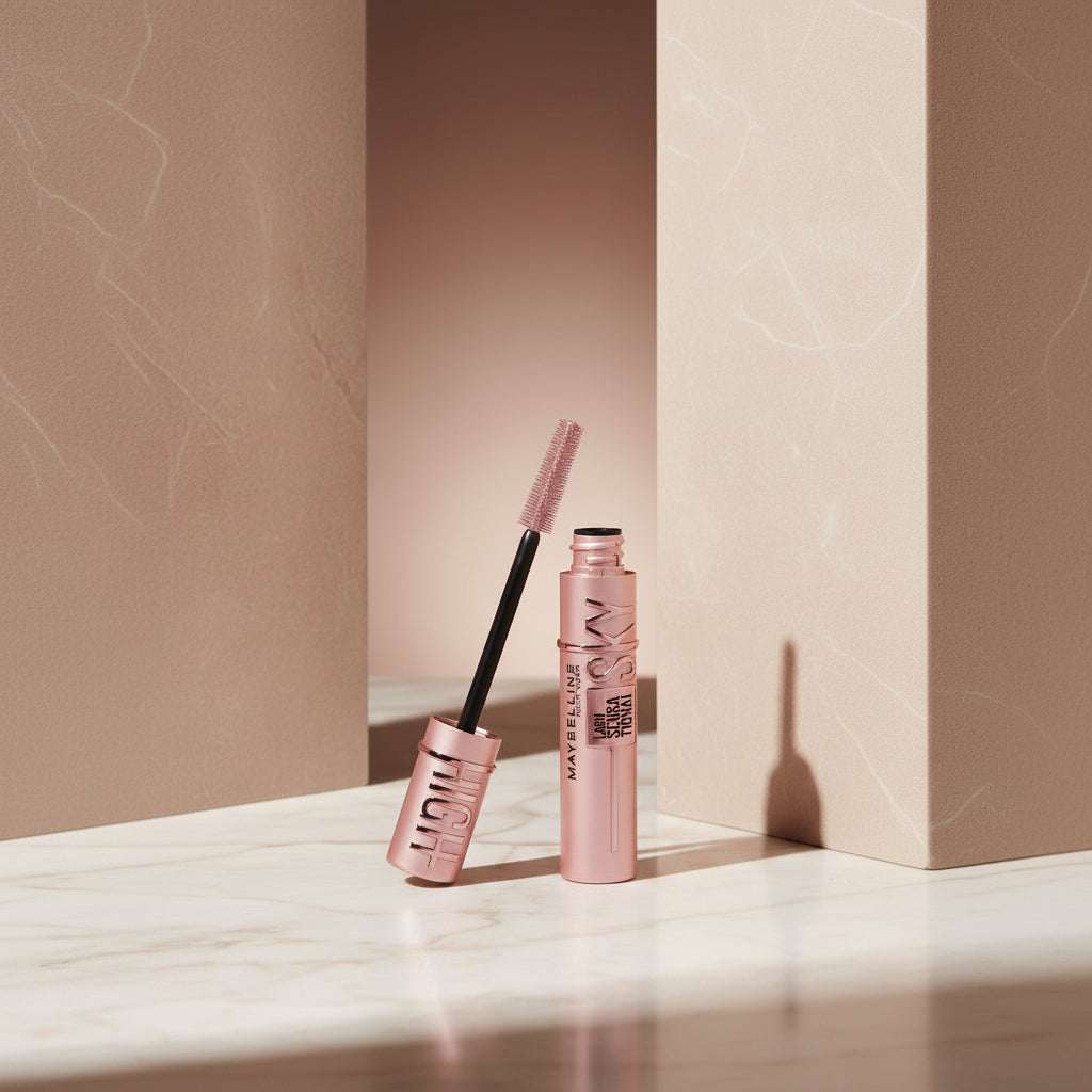 Maybelline Lash Sensational mascara with pink packaging and black wand on white background
