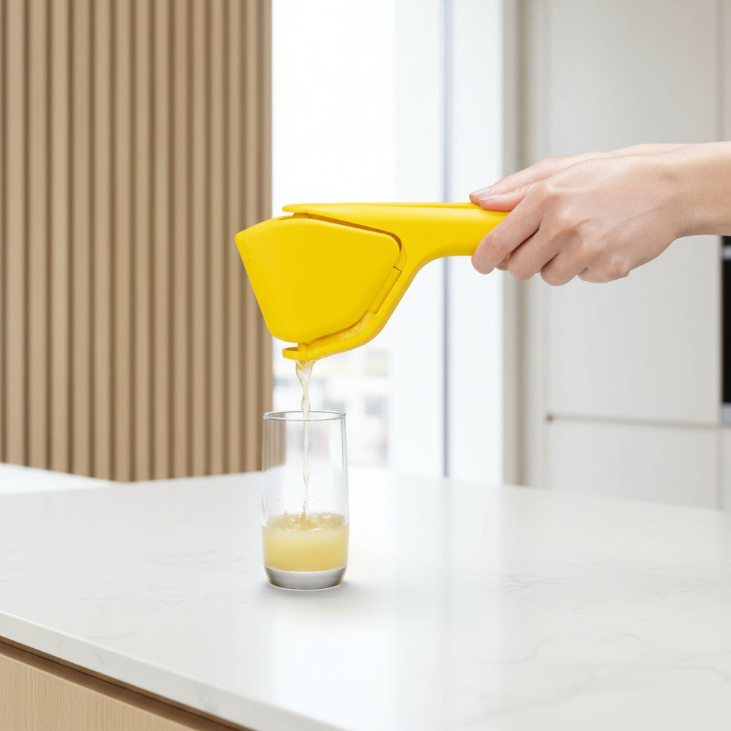 Yellow lemon squeezer being used to extract juice into a glass on a white background