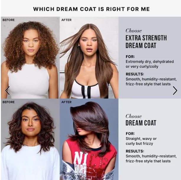 Before and after hair transformation with text on choosing Dream Coat hair product.