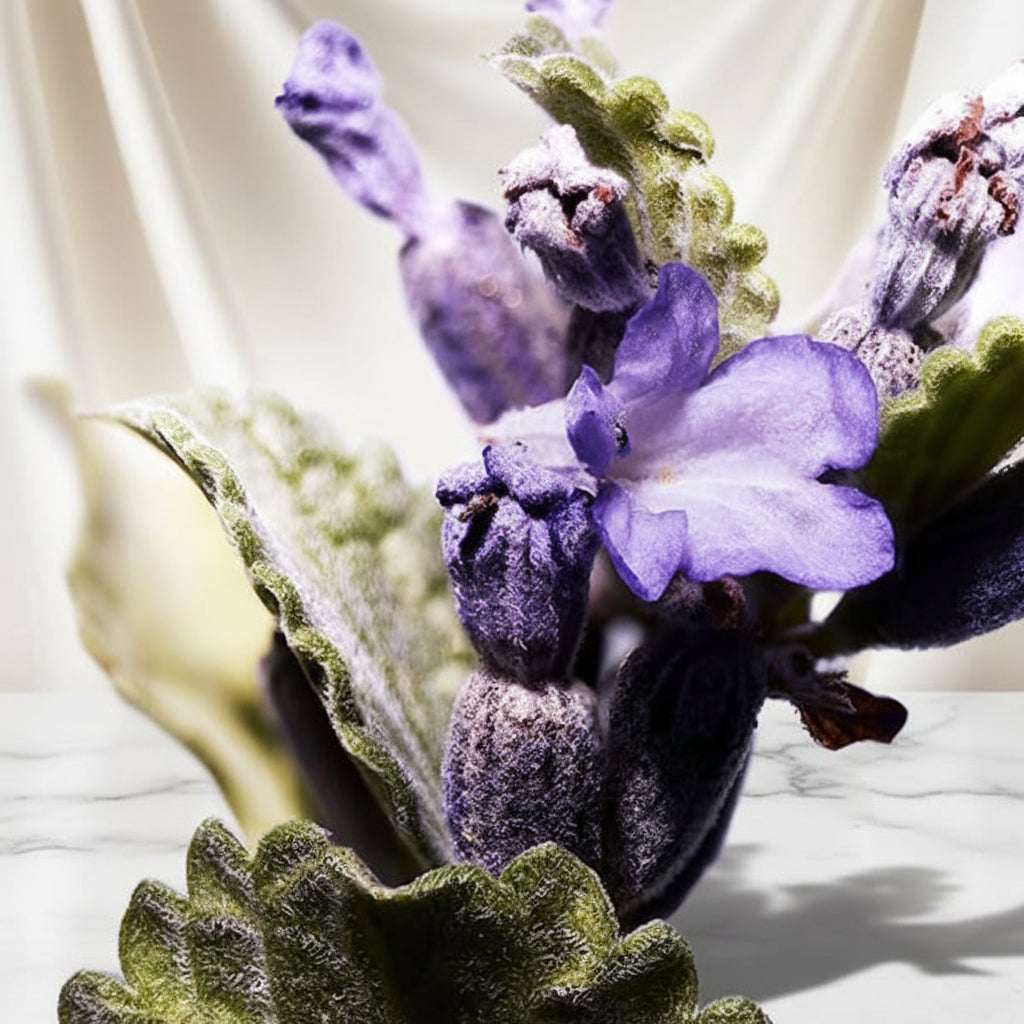Close-up of a purple flower with green leaves on a white background