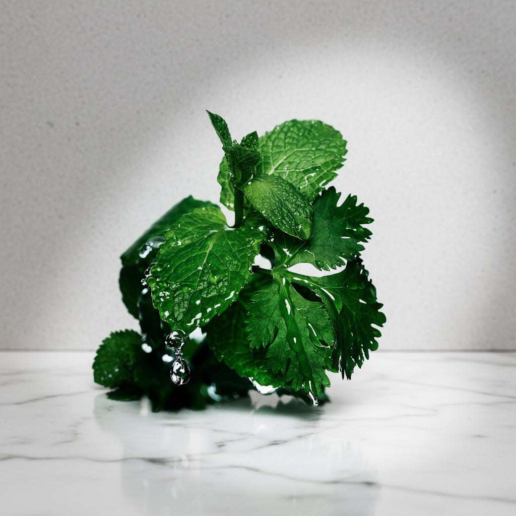 Close-up of fresh green leaves with water droplets on a white background