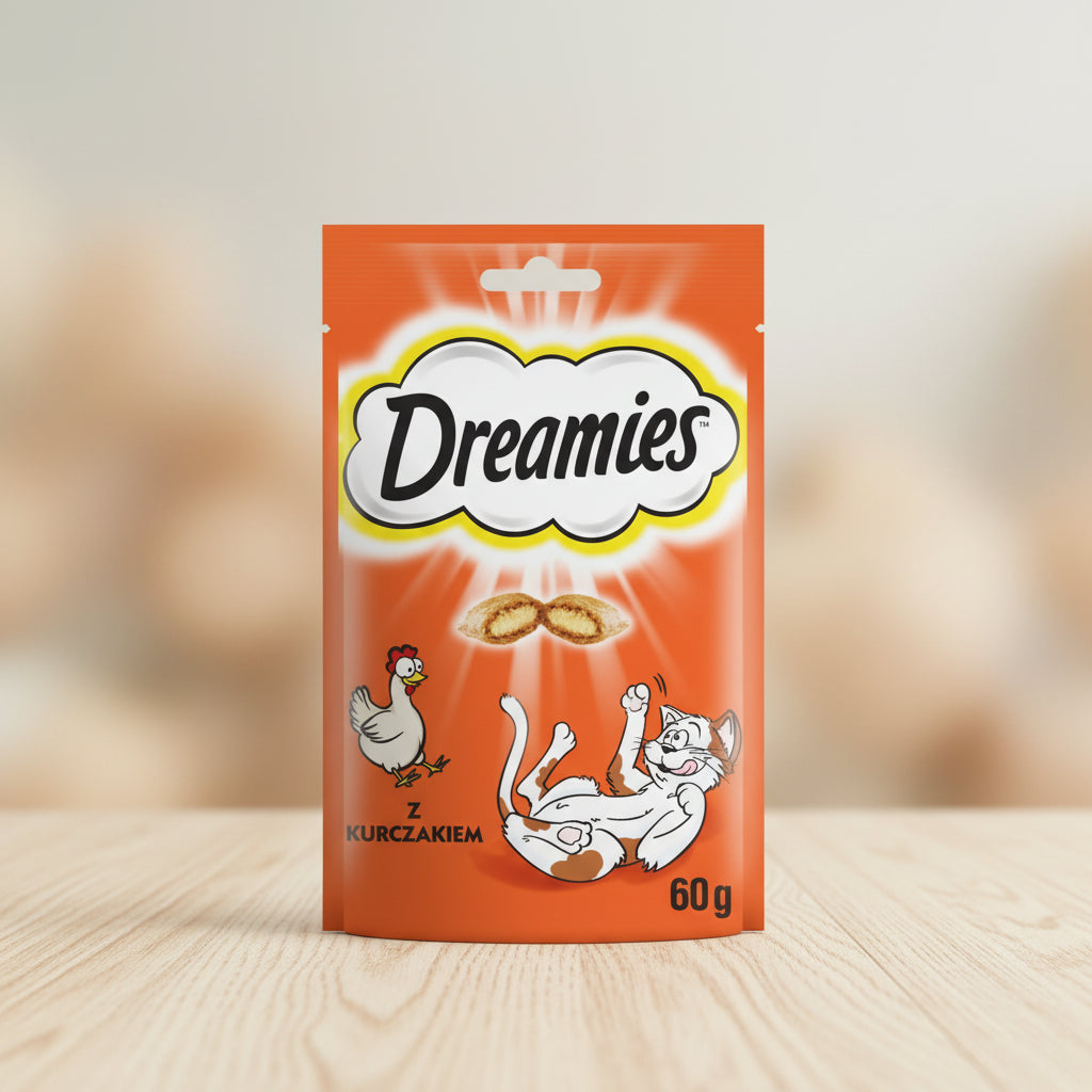 Dreamies cat treats in a bright orange stand-up pouch. The packaging features the 'Dreamies' brand logo in a white cloud shape, illustrations of chicken and a playful cat, and the text 'Z KURCZAKIEM' and '60 g'.
