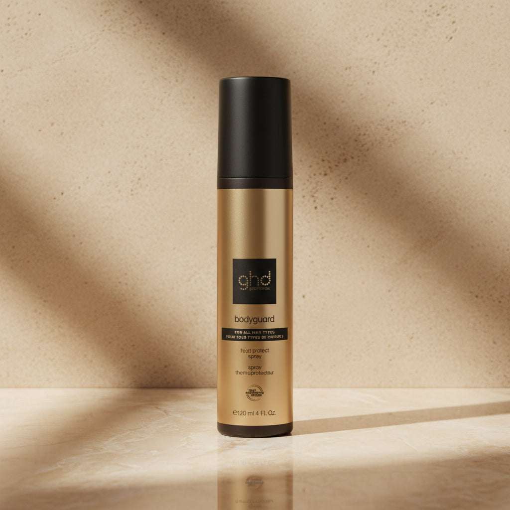 GHD Bodyguard Hair Protect Spray in a 4 fl. oz. black and gold spray bottle, shown on a plain white background.