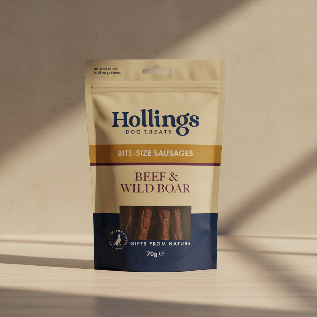 A 70g bag of Hollings Dog Treats Beef & Wild Boar Bite-Size Sausages. The packaging is beige and navy blue with a clear window showing the dark brown meat inside.