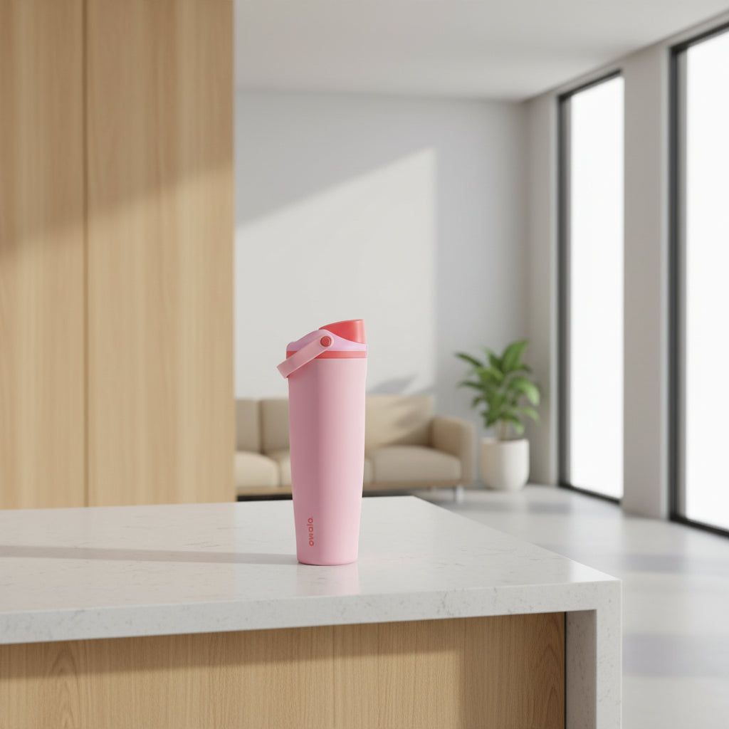 A pink Owala travel tumbler with a coral-red flip-top lid and carrying loop, shown on a solid white background.