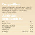 Nutritional label with ingredient list and analysis on a yellow background