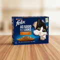 Felix cat food packaging with a cat illustration on a blue background