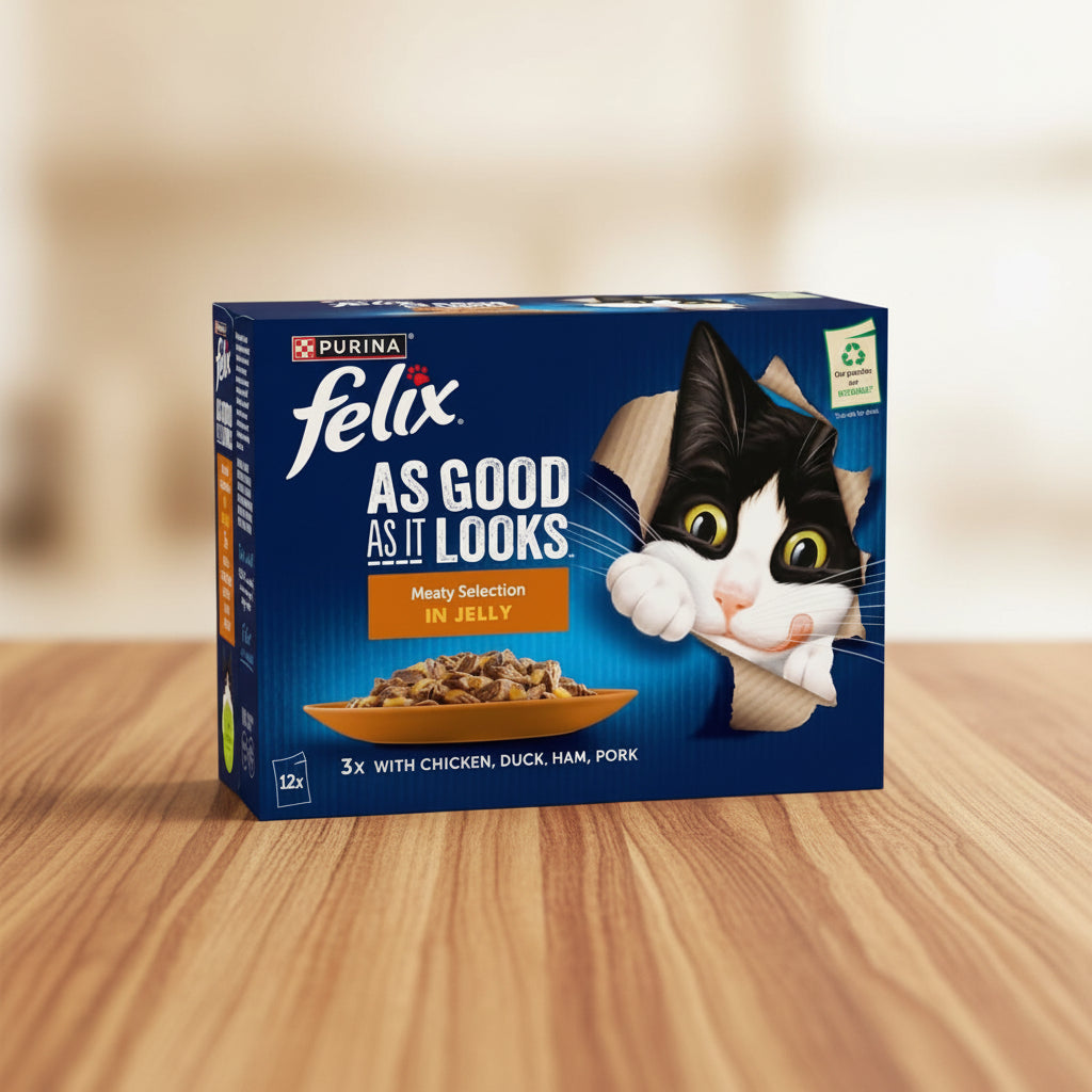 Felix cat food packaging with a cat illustration on a blue background