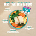 Dog food product with ingredients and text on a light blue background