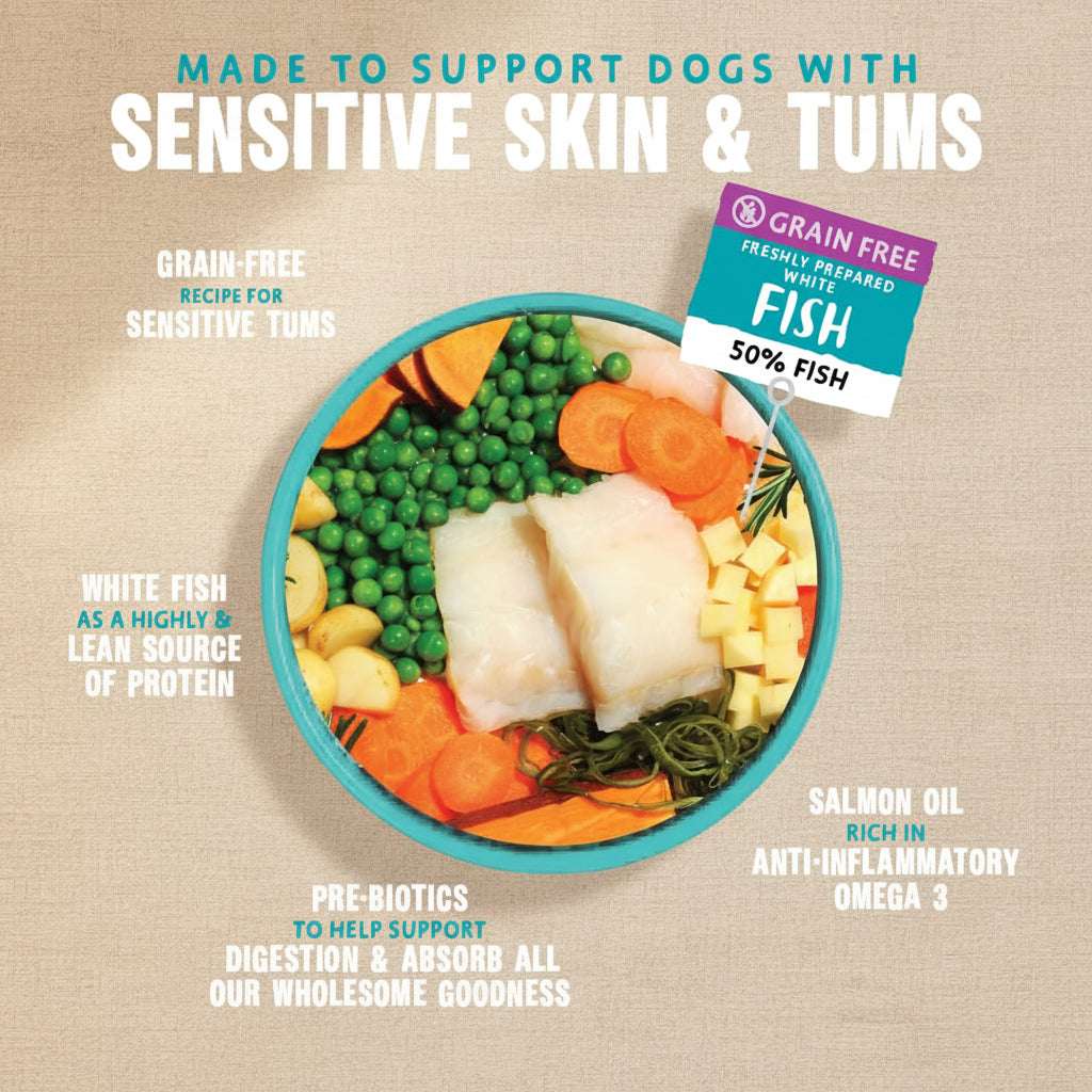 Dog food product with ingredients and text on a light blue background