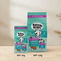 Two bags of Barking Heads All Hounder Tummy Loving Care dry dog food in fish flavor, shown in 2kg and 12kg sizes against a light teal background with promotional text.