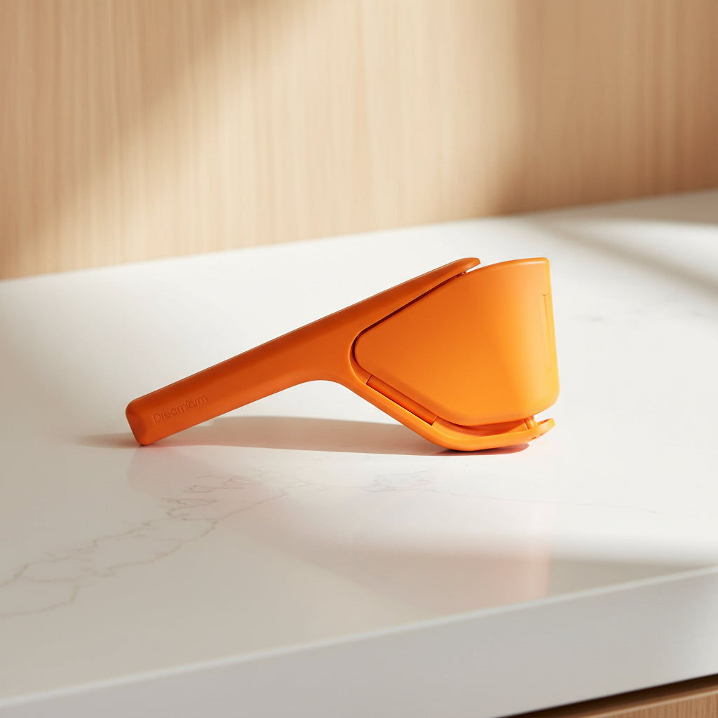 Orange kitchen tool with multiple uses on a white background