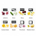 Set of precision-tested blades with various food shapes and textures on a white background.