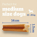 Dog treat with dimensions and text indicating suitability for medium-sized dogs on a blue background