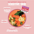 Dog food bowl with ingredients on a pink background, promoting a grain-free salmon recipe for dogs with sensitive skin.